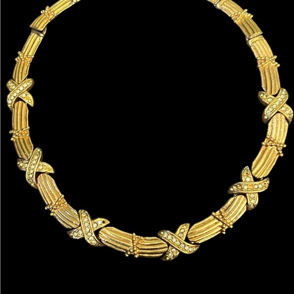 Vintage Rhinestone X Gold Tone Bar Link Collar Necklace - Picture 2 of 12